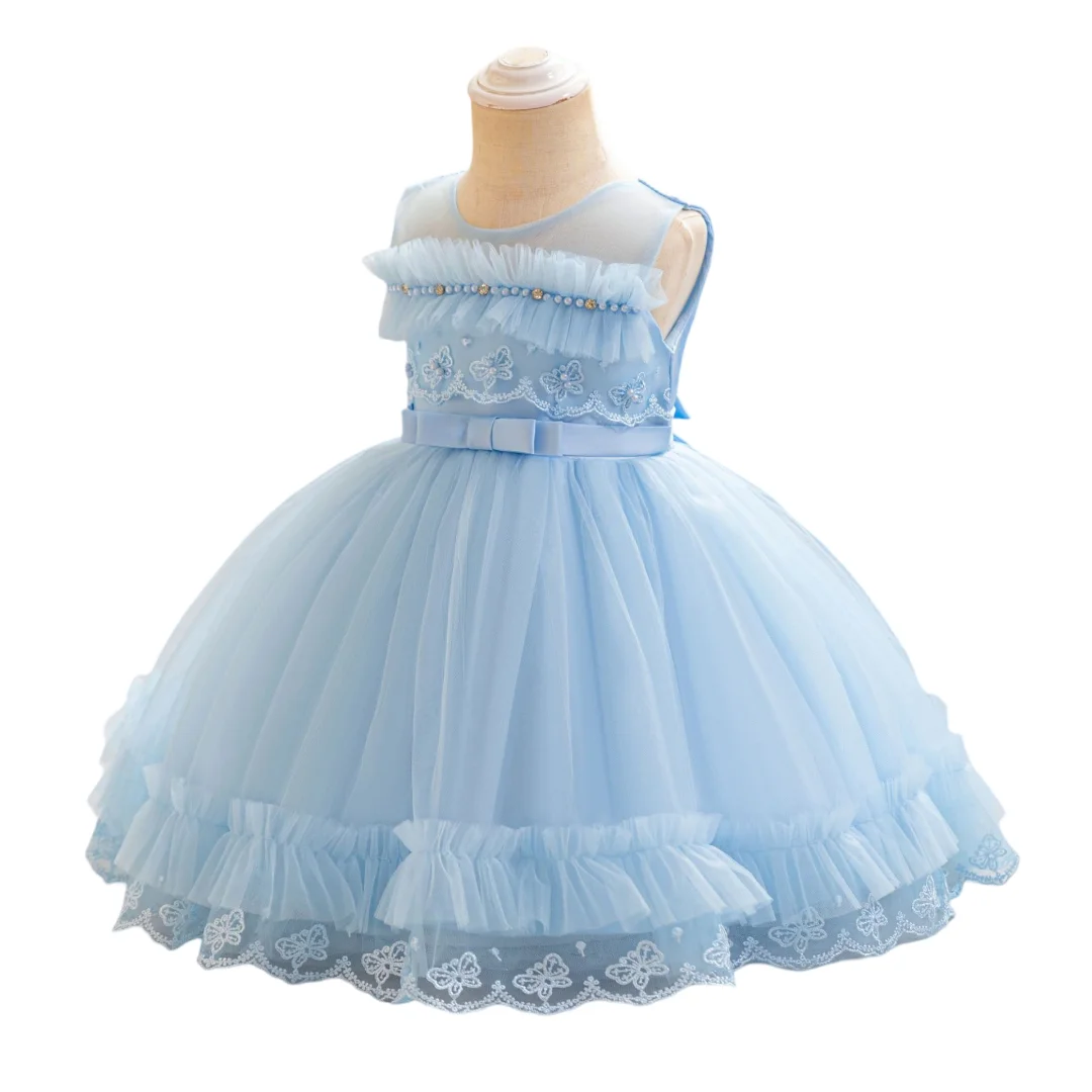 

0-4 Years Old Blue Baby Bow Dresses Sweet Little Girls White Pink Toddler Vestidos 12 24 36 Months Infant Clothes 247002