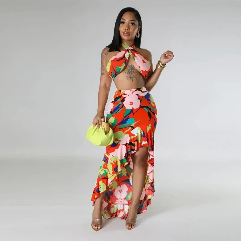 

GUWU Women Ruffles Side High Waist Maxi Skirts Set and Halter Crop Top Summer Print Beach Two 2 Piece Set Dress Outfits
