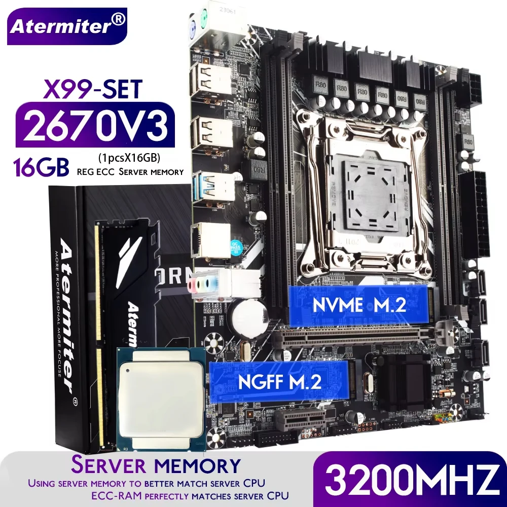 Atermiter X99 D4 Motherboard Set with Xeon E5 2670 V3 LGA2011-3 CPU 2670V3 16GB 3200MHz DDR4 REG ECC RAM Memory NVME M.2