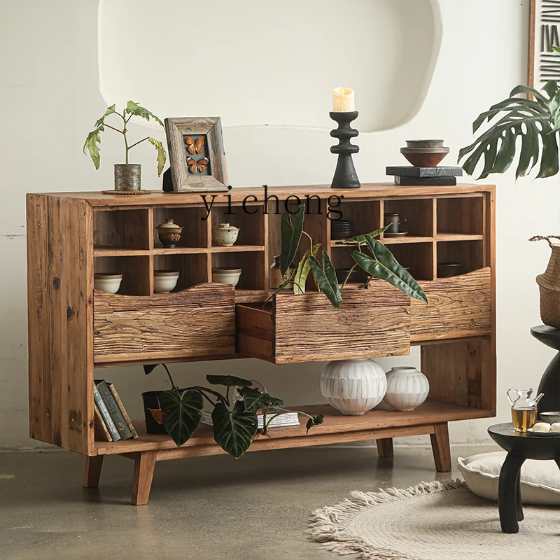 

ZYA Old Elm Solid Wood Sideboard Storage Cabinet Vintage Living Room Wabi-Sabi Style Storage Cabinet