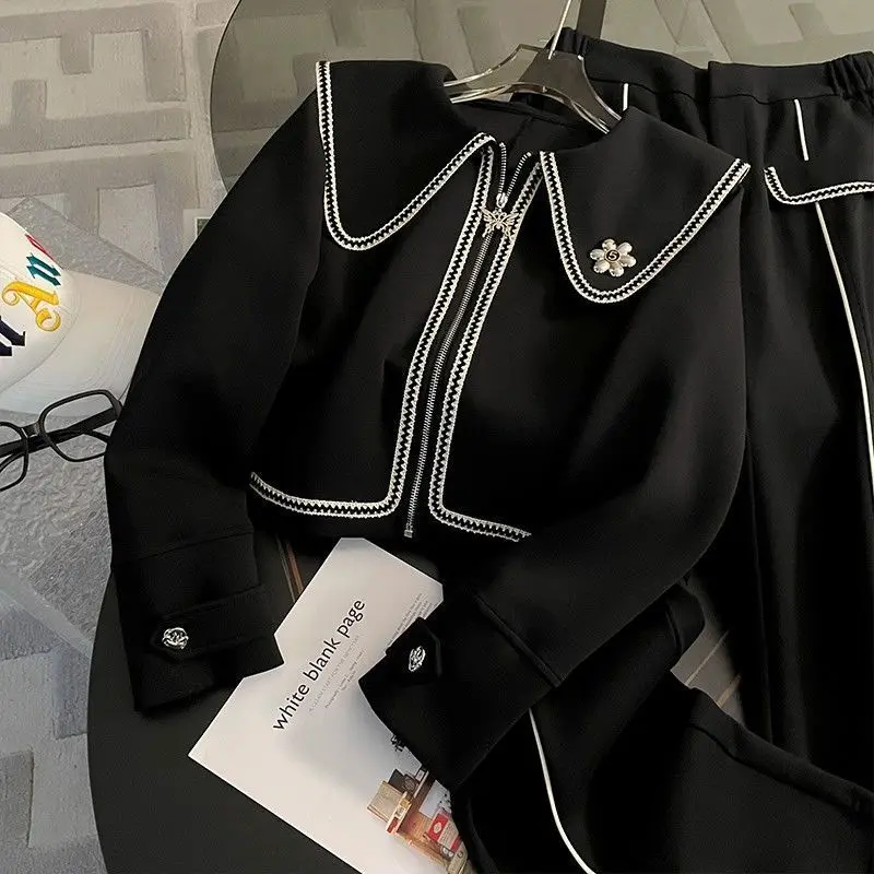 2024 Wiosna i jesień Nowy czarny modny zestaw damski Kardigan Kurtka Spodnie z szerokimi nogawkami Dwuczęściowy zestaw ubrań dla kobiet Zestawy spodni