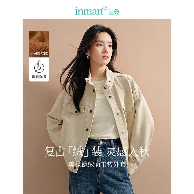 

INMAN 2024 autumn winter Vintage Suede coat casual women's jacket stand collar Street Chic loose sleeved top Outerwear