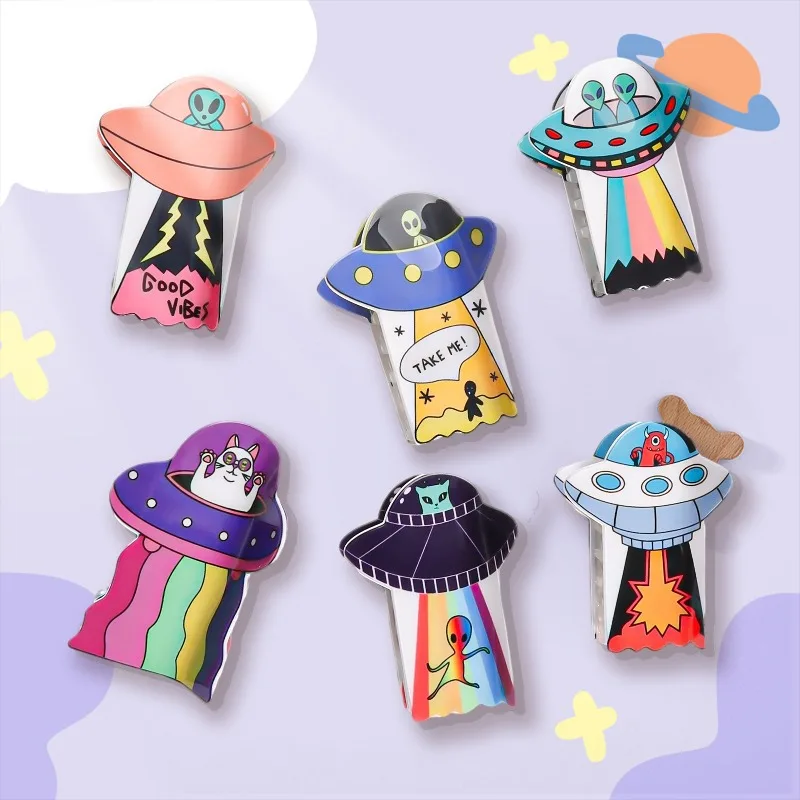 Pinza para el pelo de dibujos animados para mujer, pinza para el pelo con estampado de nave espacial alienígena de Anime, pinzas para el pelo de la serie Alien colorida, accesorios para el cabello