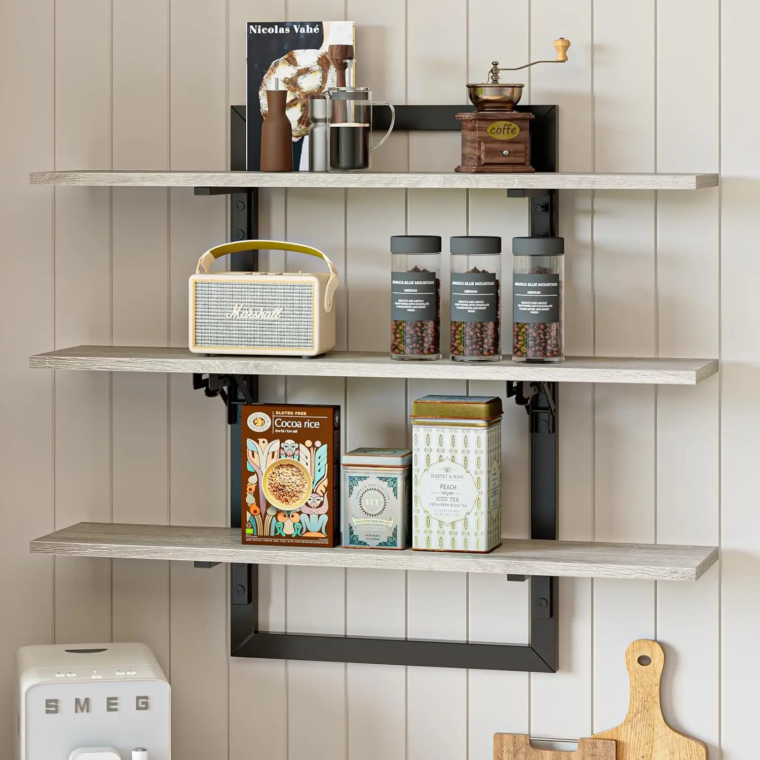 Floating Shelves for Wall, 32 inch Kitchen Shelves Wall Mounted, 3 Tier Coffee Bar Shelf with Foldable Brackets, Industrial Disp