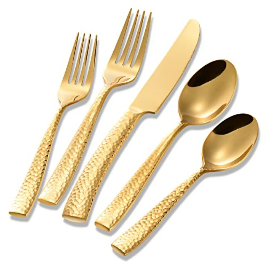 

Silverware Set Gold Hammered Pattern Flatware Cutlery Stainless Steel Mirror Polished Utensil 20-Piece Spoons Forks and Knives
