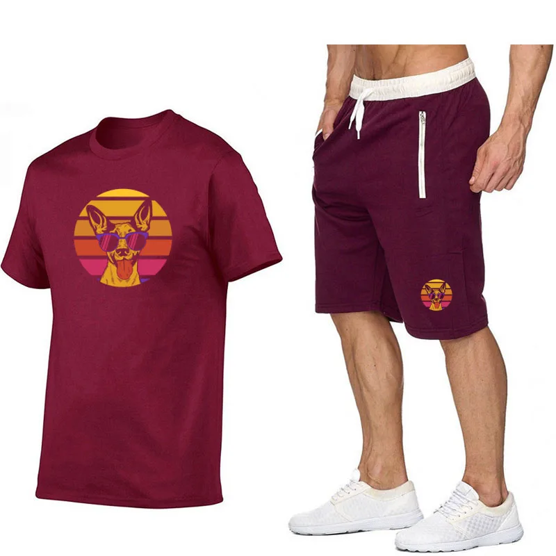 Summer Cotton Shorts Set Men Two Piece Mens Outfits Cotton Printed Tshirt Shorts 2 Piece Set Gym Sport Suits Fitness Sportswear