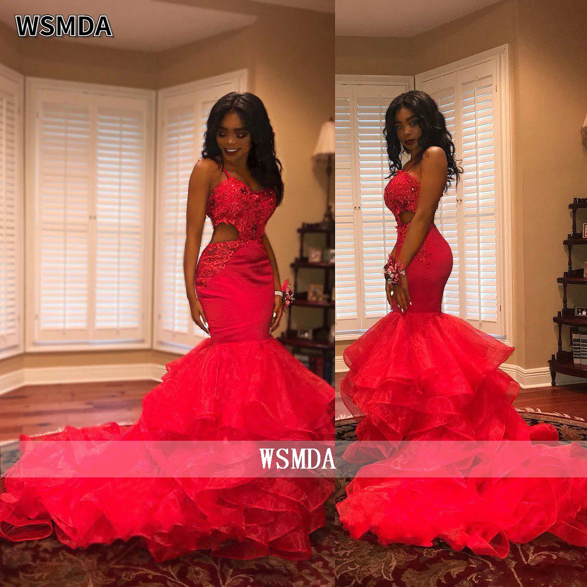 Sexy 2 Sides Show Waist Red Prom Dress Lace Beads Ruffled Mermaid Evening Party Gown for Black Girls