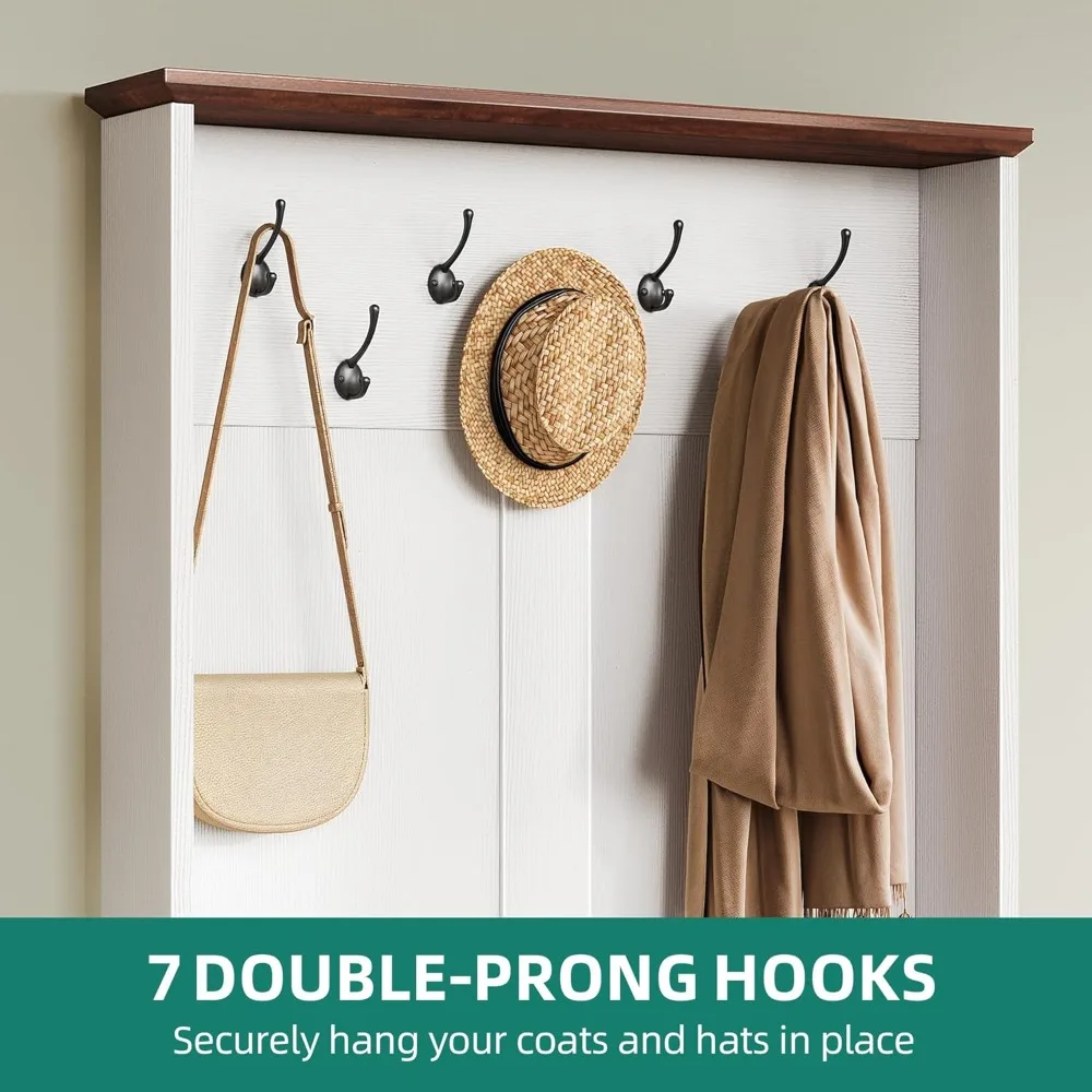 رفوف المعاطف مع مقاعد البدلاء ورف الأحذية، منظم تخزين الأحذية الكبير مع خطافات المعطف، باب الحظيرة المنزلق للدرج، أرفف قابلة للتعديل