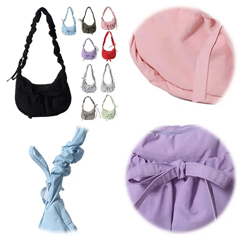 

Women Fashion Shoulder Bag with Ruched Drawstring Strap Bow Casual Underarm Bag Solid Color Cute Sling Bag Female Daily Handbag