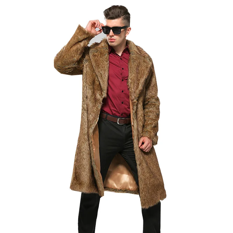 Luxury Brand Men Long Faux Fur Coat Thick Warm Long Sleeve Trench Coat Windproof Jacket Fur Coat Slim Korean Fashion Snowsuit