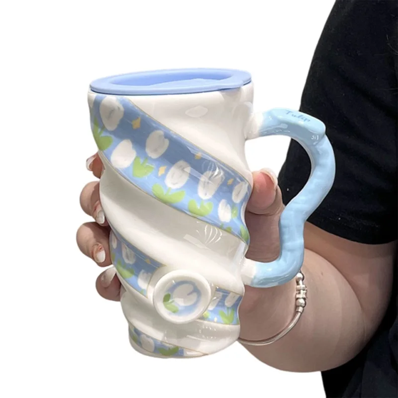 

480 мл керамическая кофейная кружка с принтом тюльпана, витая чашка для воды с крышками, дорожная чайная кружка для украшения дома и кухни