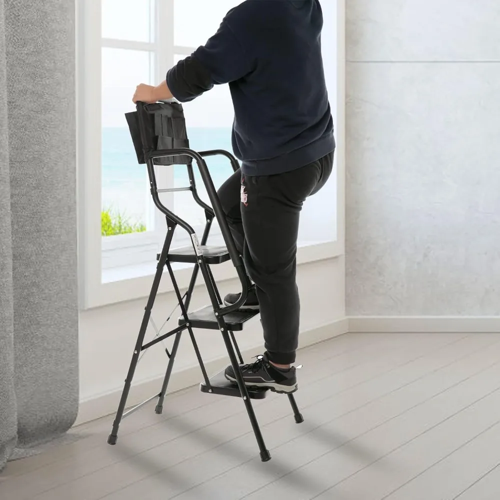 سلم قابل للطي بثلاث خطوات مع درابزين - سعة 500 رطل، إطار فولاذي، قضبان جانبية آمنة، مثالي للاستخدام المنزلي في المطبخ