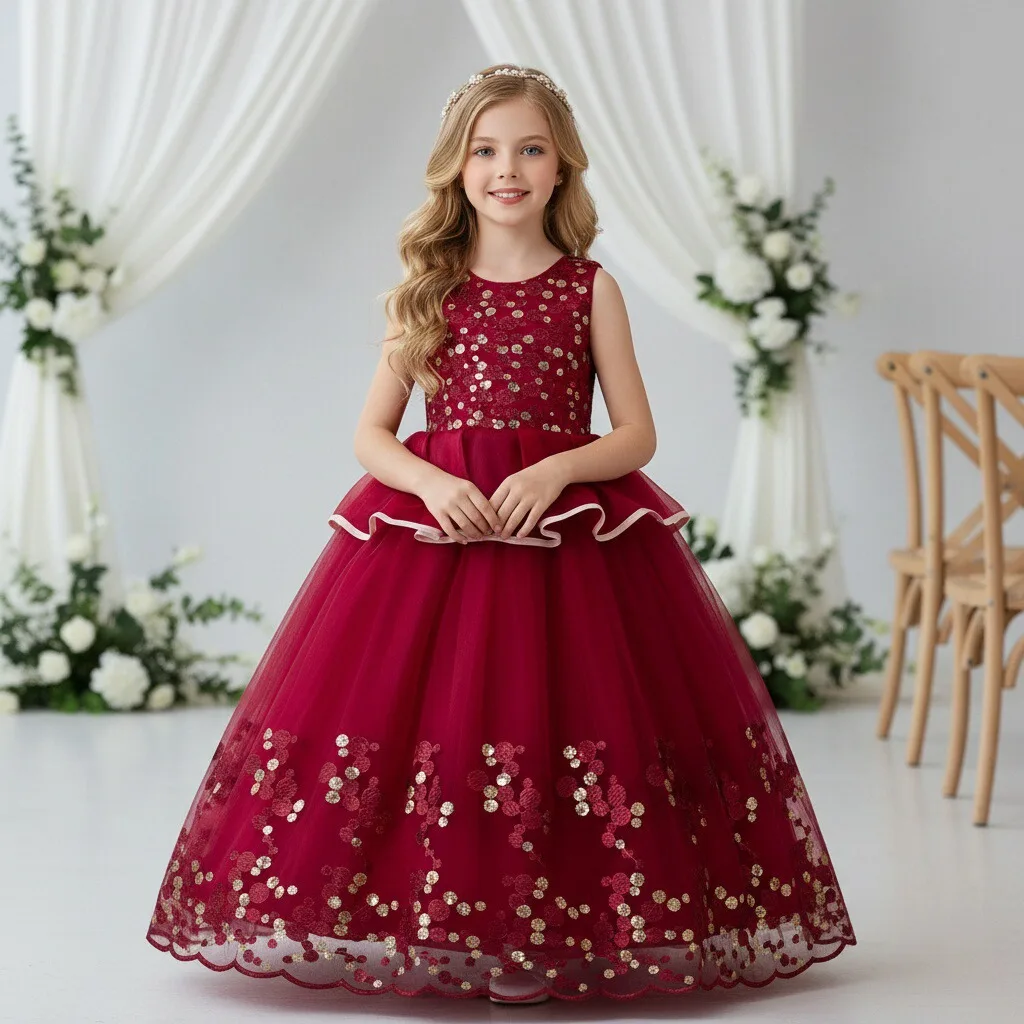 

Sweet Girls Long Formal Dress for Birthday Party Performance with Floral Embroidery Sequins Tulle Ball Gown for Kids