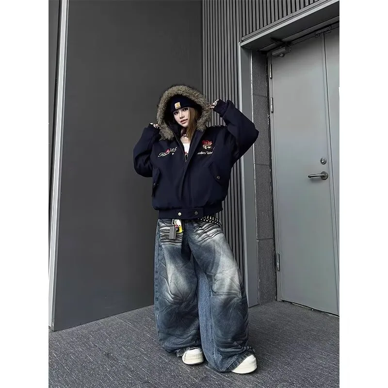 

Осенне-зимняя утепленная хлопковая куртка-бомбер большого размера (250 г/м²) с вышивкой, съемным капюшоном, для пар, модная верхняя одежда