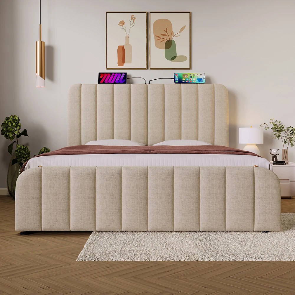 KOMHTOM Cama acolchada de lino beige Cabecero acolchado USB tipo C Cama con rodamiento hidráulico