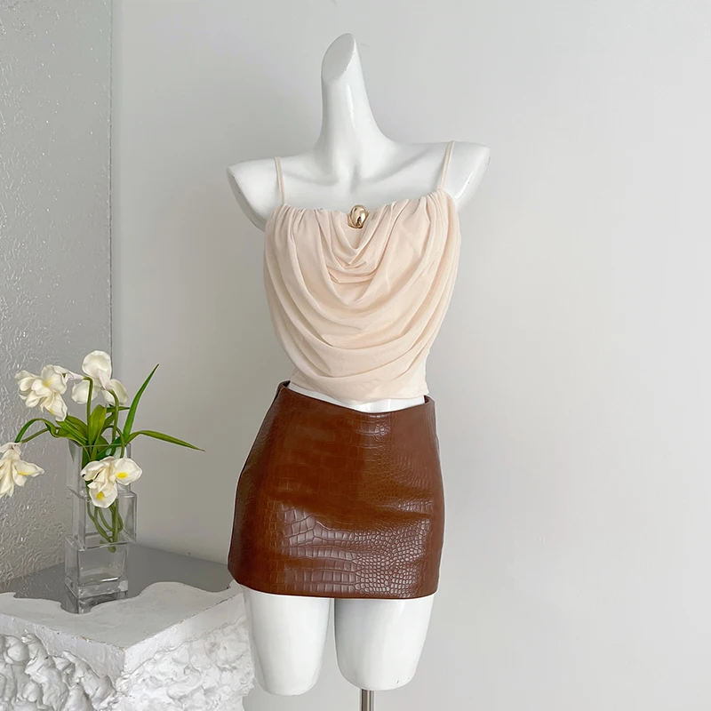 Vintage Women Suits French Camisole Tops Early Autumn Chiffon Blouse with Chest Pad Elegant Office Ladies PU Skirts with Shorts