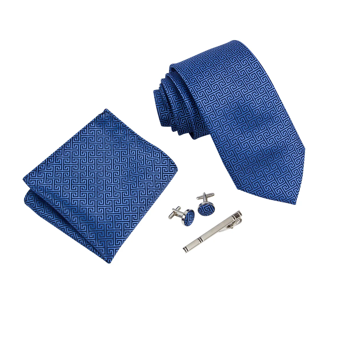 Ikepeibao Men Black Striped Plaid Necktie Sets Pocket Square With Metal Cufflinks Clip Fit Wedding Formal Workplace Royal Blue