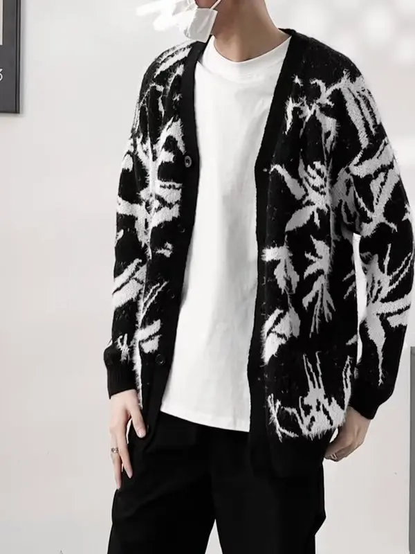 

Retro American Knitted Cardigan Men's Lazy Sle V-ne Sweater Jaet Floral Embroidery Casual Loose Fit Breathable Elastic