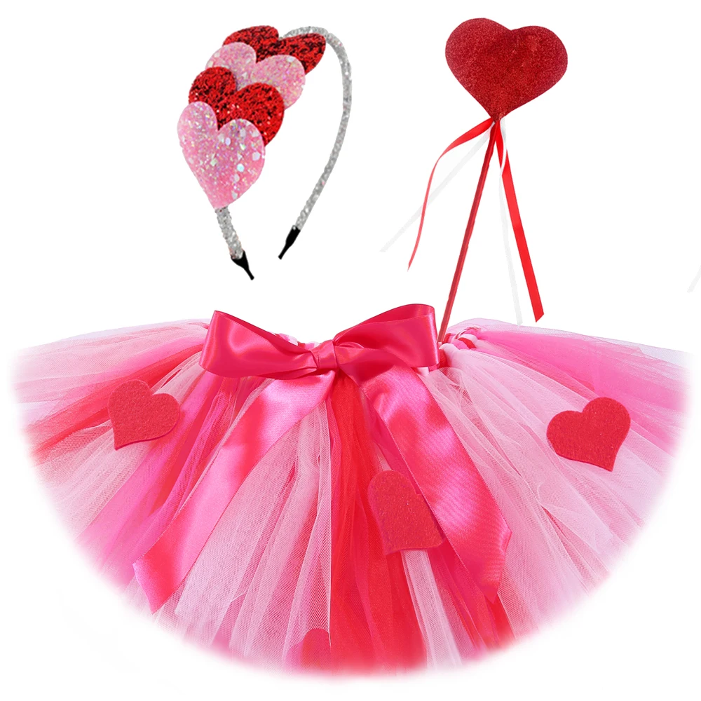 Valentines Day Tutu Skirt for Baby Girls Red Hearts Ballet Tutus Outfit Kids Carnival Birthday Costumes with Hair Bow Fairy Wand