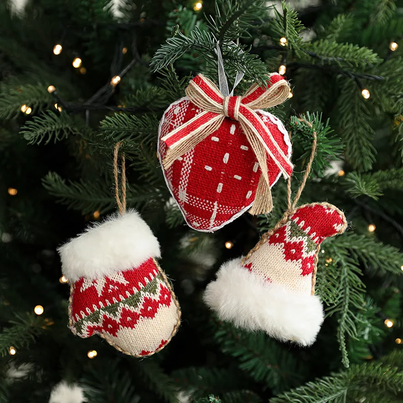 Fabric Christmas Tree Pendant Knitted Plush Christmas Pendant Hanging Decoration Butterfly Knot Love Gloves Boots Ornament