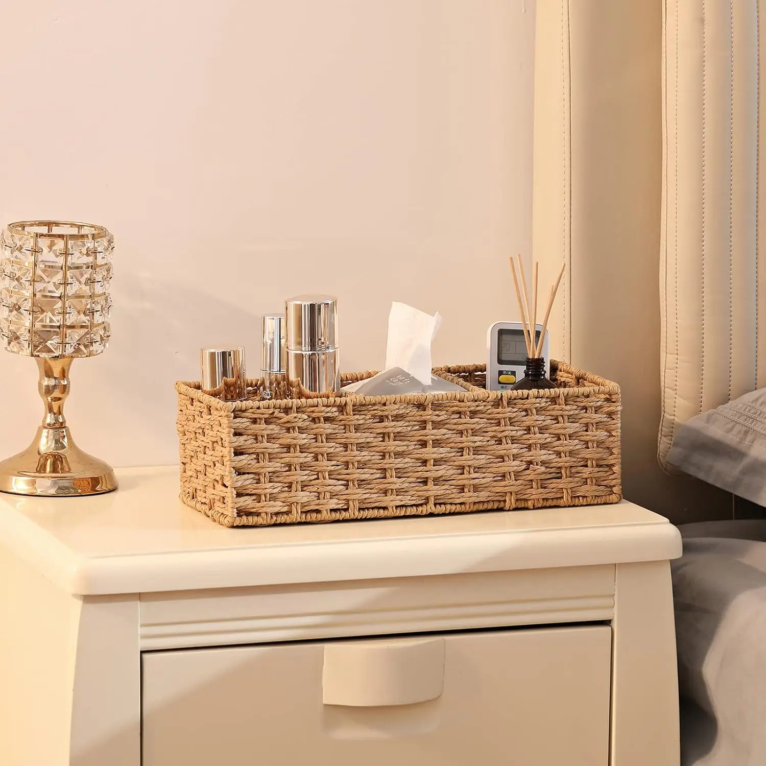 3-قسم سلال خوص للأرفف المنسوجة يدويا ورقة مستديرة حبل الخوص سلة التخزين سلة ورق المرحاض للتنظيم