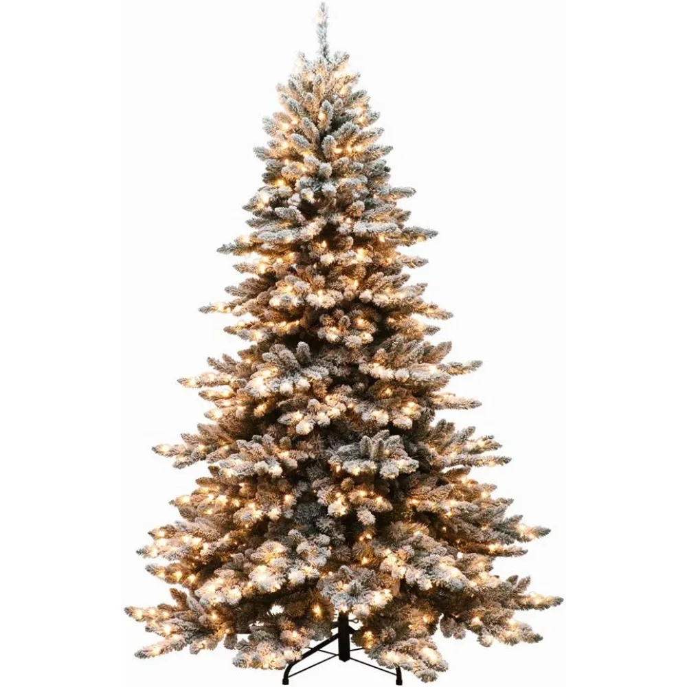 7.5 ft Pre-lit Flocked Spruce Artificial Christmas Tree with 700 UL Clear Lights On/Off Foot Pedal Metal Stand Green