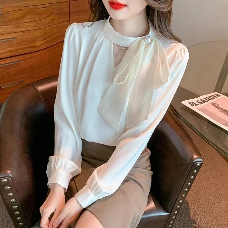 Büro Dame Chiffon Lose Jugend Bluse Frühling Herbst Langarm Solide Alle-spiel Elegante Hemd Tops Mode Koreanische Frauen kleidung