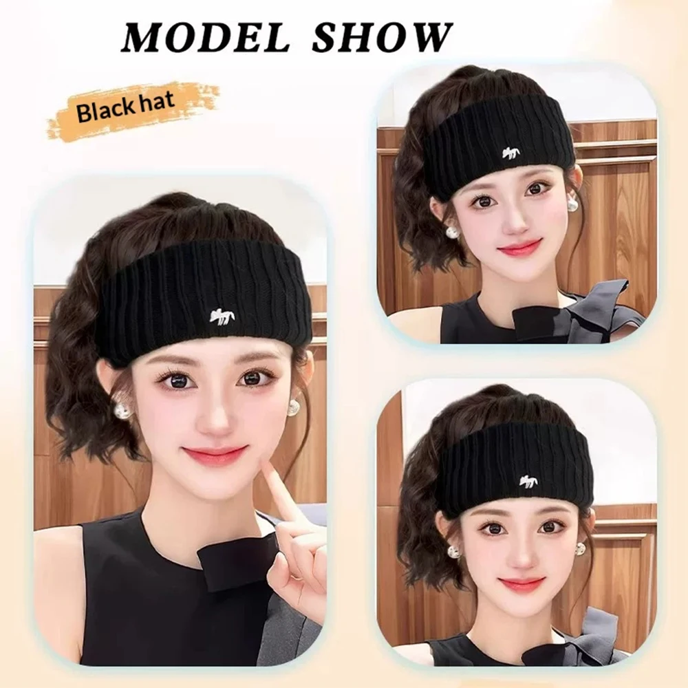 Synthetic 12inch Black Hollow Top Knit Hat Water wave Wig Extensions Ponytail Embroidered log Winter Warm Christmas