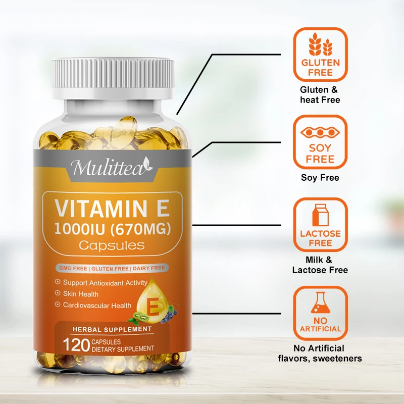Mulittea Vitamin E Capsules Helps Blood Birculation and Antioxidant &Brightens Skin Tone Daily Vitamin Supplement Beauty Health