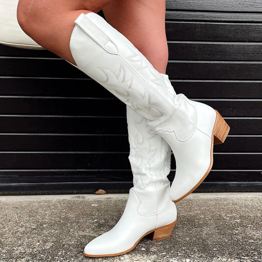 BONJOMARISA-botas vaqueras bordadas para mujer, zapatos hasta la rodilla, diseño de otoño, color blanco