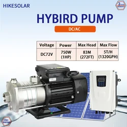 1HP Hybrid Solar Self Prime Water Pump with MPPT Controller 72v AC/DC Booster Pump SS304 Impeller Farm Agriculture Irrigation