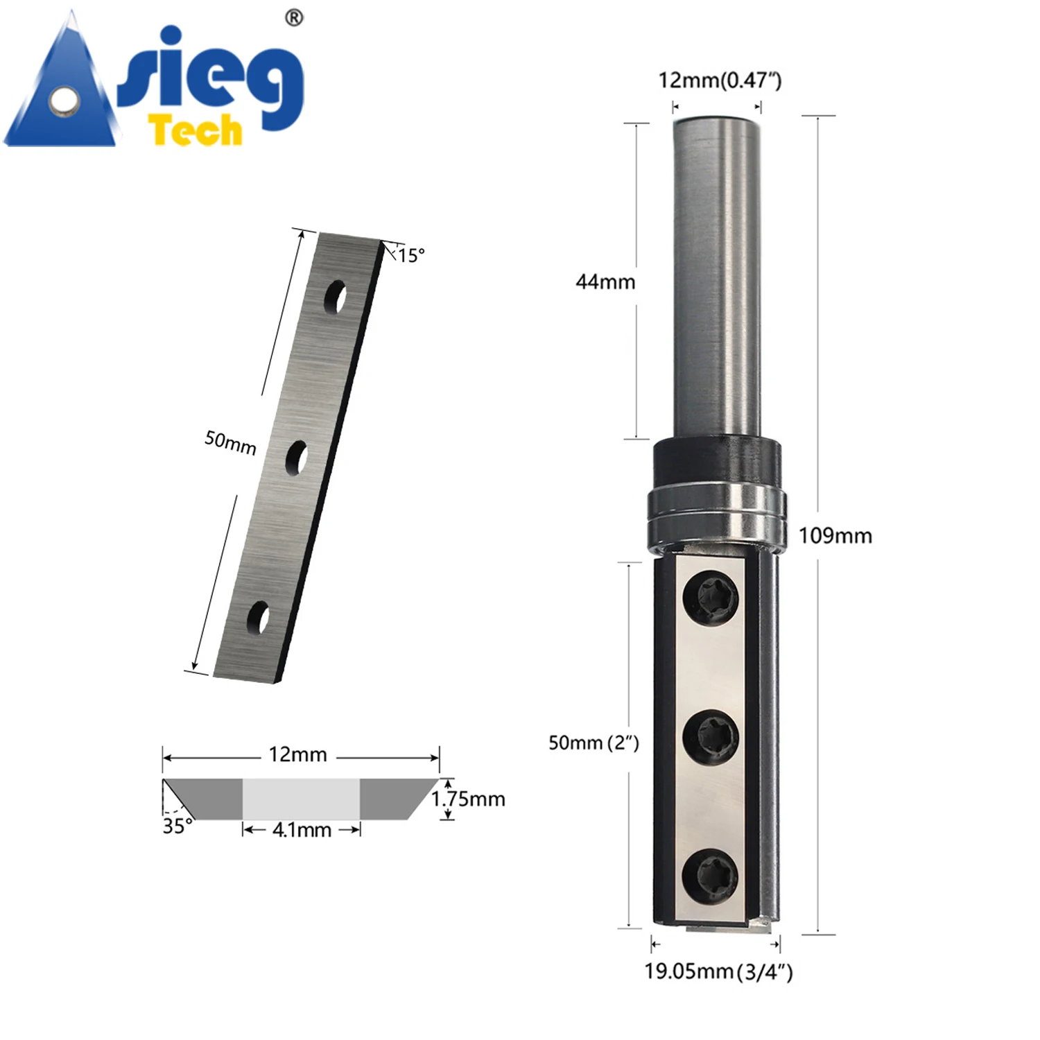 Flush Trim Router Bit 12mm Shank Top Bearings Pattern Trimmer 50mm Cut Length with Repaceable Insert Cutter