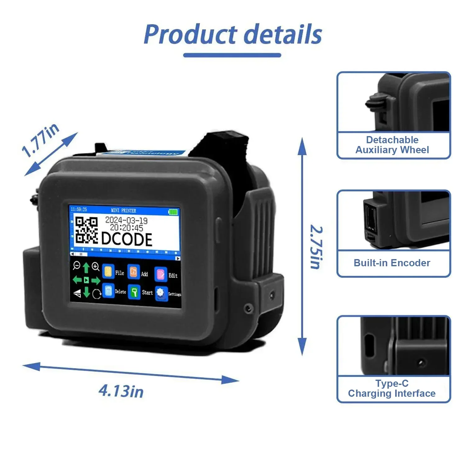 DCODE XMINI 12.7MM Portable Coder Handheld Inkjet Printer for Text QR Barcode Batch Number Logo Date Label with Fast-Dry Ink