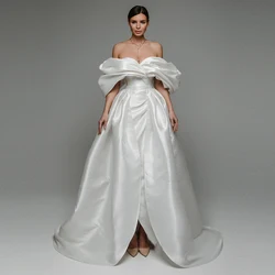 Elegant Sheath Off Shoulder White Wedding Dress Detachable Train Pleat Floor Length Corset Bridal Gown Satin Свадебное платье