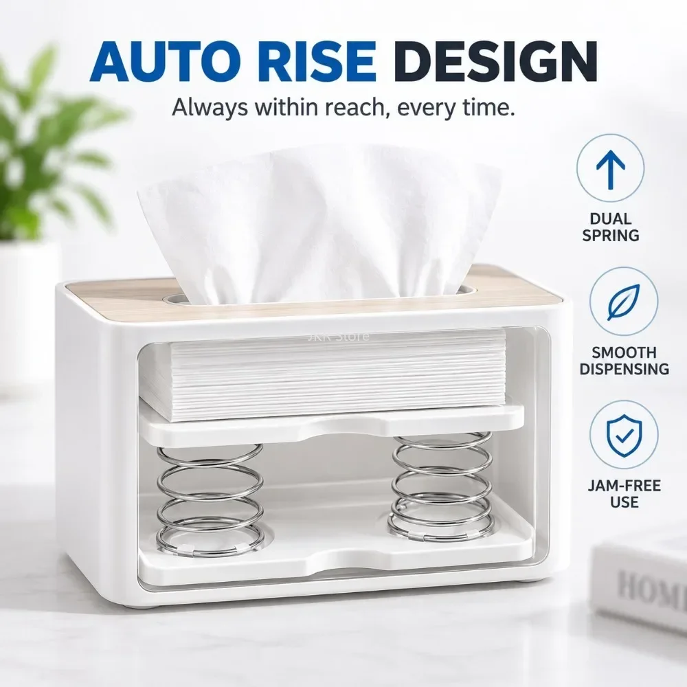 Automatic Tissue Holder Box Spring Loaded Dispenser for Home Office Kitchen Bathroom Living Room Tabletop Storage Organizer