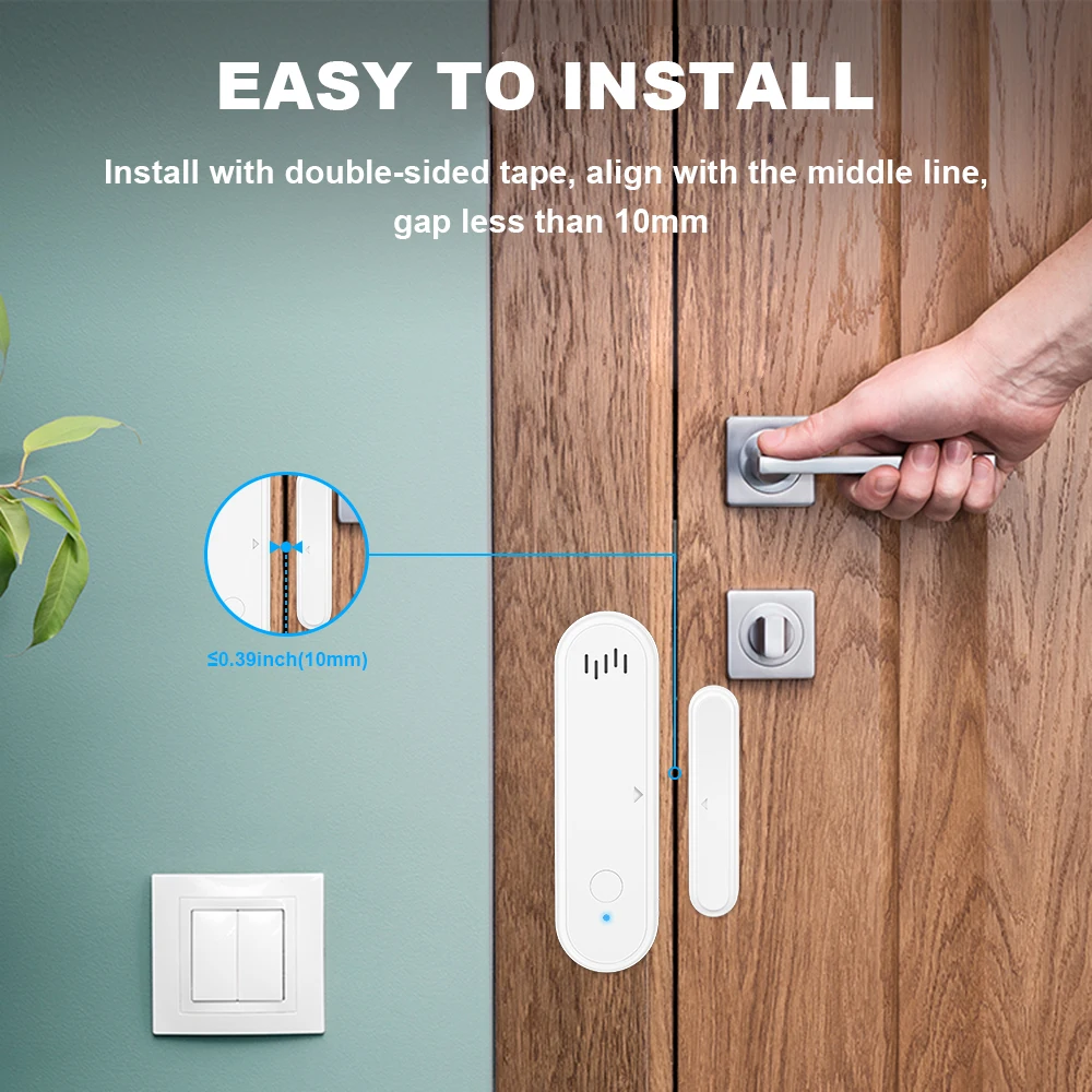 Tuya WiFi Sensore per porte e finestre Suono da 80 dB Allarme di sicurezza WiFi Rilevatori di porte aperte e chiuse APP Supporto per il controllo remoto Braccio e disesa