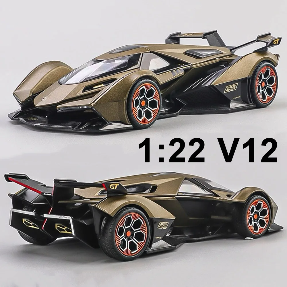 1:22 Lambo V12 GT Veneno Alloy Sports Car Diecast Model Toys with Sound Light Pull Back Doors Opened Metal Vehices Birthday Gift