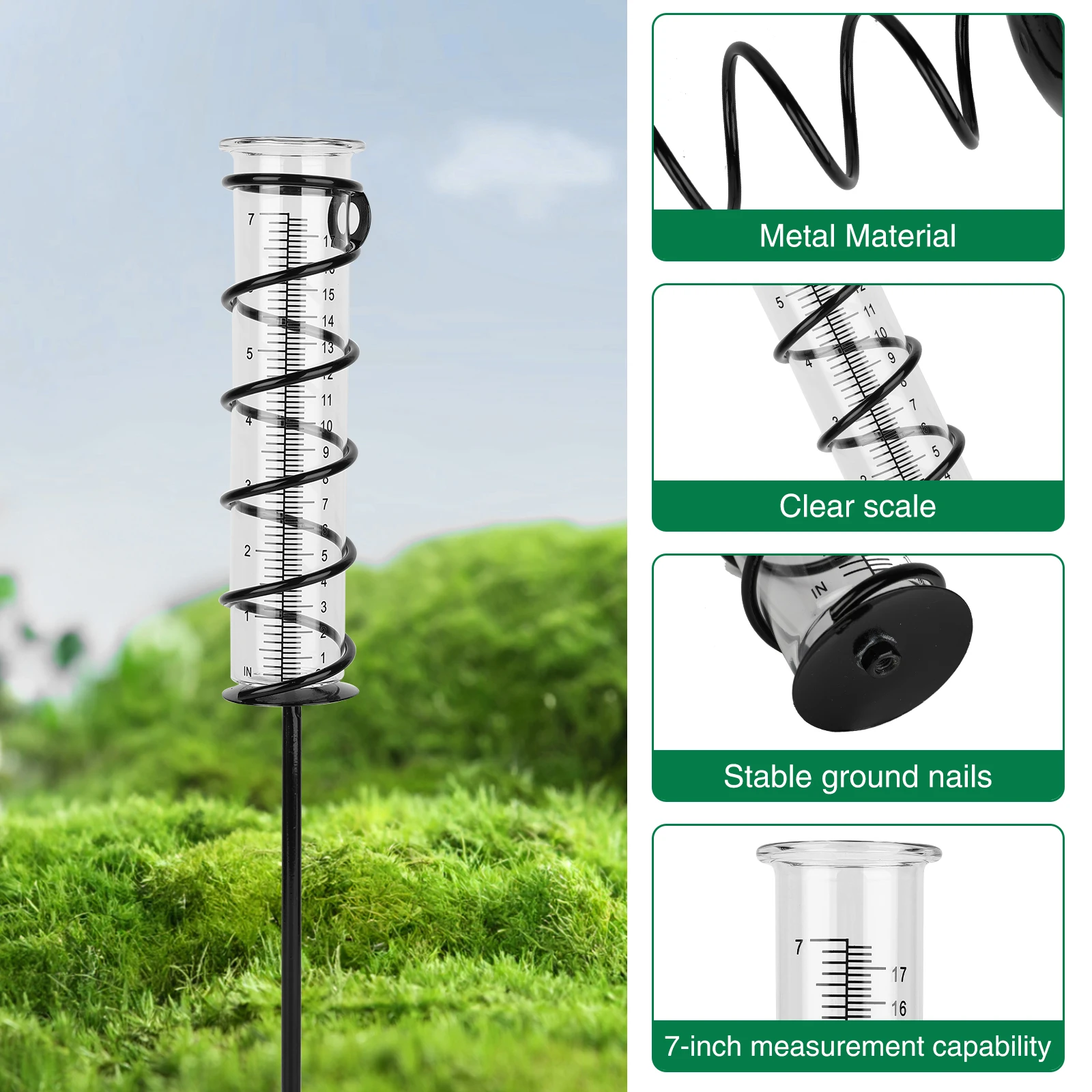 7Inch Large Capacity Glass Rain Guage Outdoor Detachable Rain Guages With Stake Metal Spiral Sape Accurate Rain Gauge For Garden