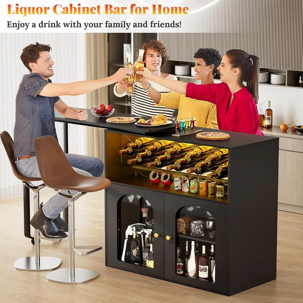 Dining Room Liquor Showcase Tall Home Bar With LED Lights & Power Outlets Wine Bottle Holder Black Freight Free Whiskey Cabinet