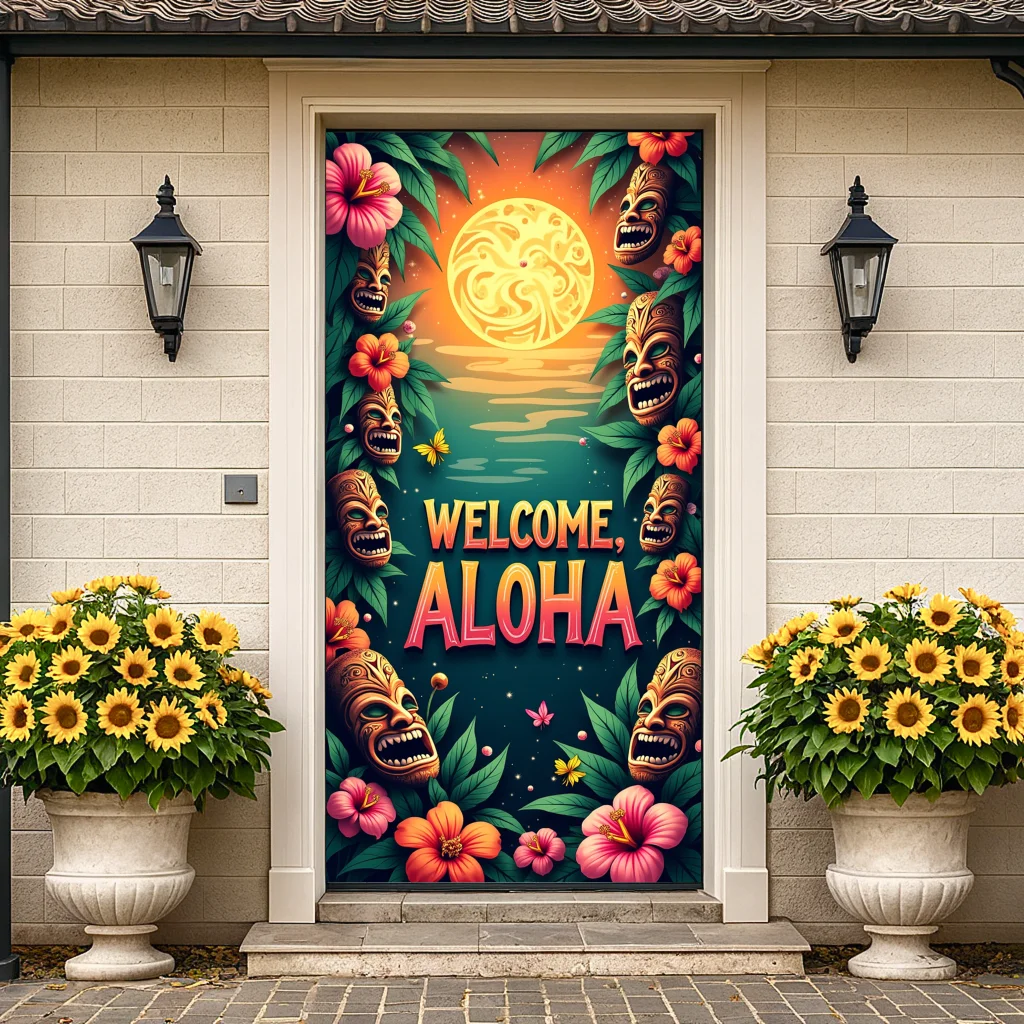 الاستوائية هاواي ترحيب راية تيكي قناع خلفية ألوها ديكور حفلات الصيف الحدث لوا الملونة الأزهار الشاطئ المشاعر الخلفية