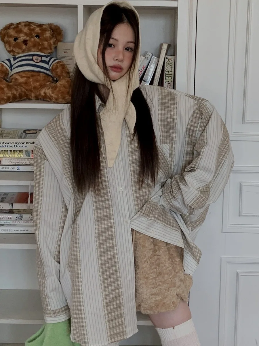 

Women's Casual Striped irt Jaet Loose Fit Spring Vintage Personalized Early Spring Outerwear Turn-down Collar Color Blo