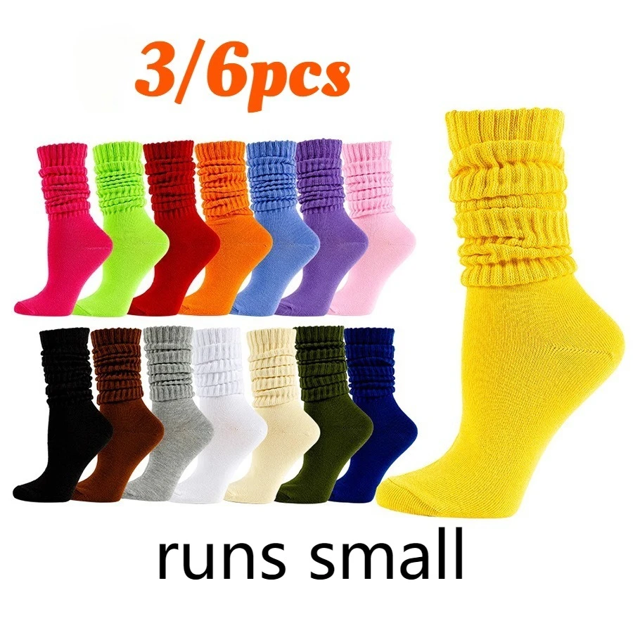 

3/6pcsWomen's American Style Slouchy Over-the-Calf Socks Solid Color - Thick Warm for Autumn & Winter Calf-Length Socks