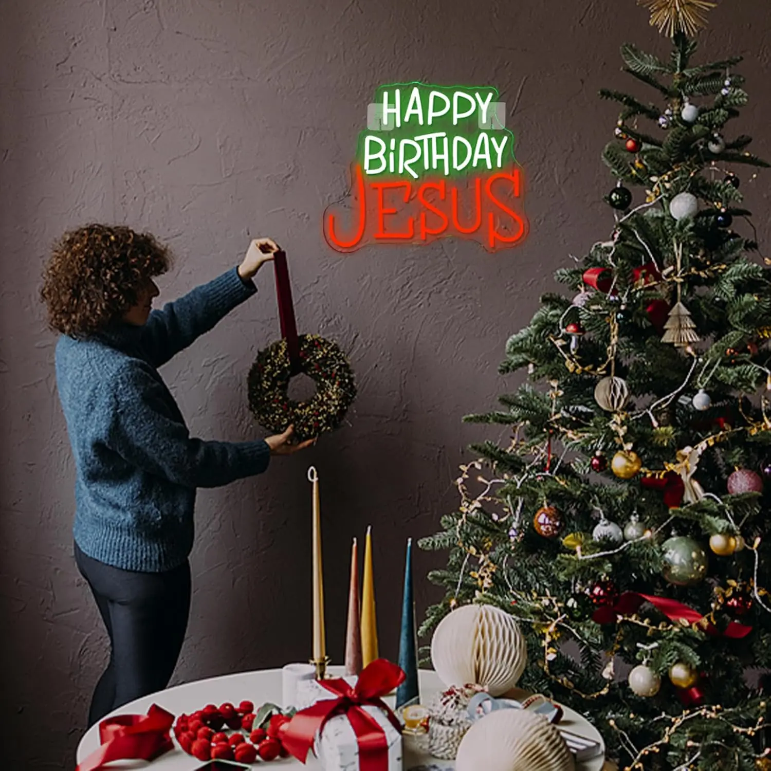 Happy Birthday Jesus Neon Sign Christmas Neon Light USB Dimmable LED Light for Inspirational Christian Home Decorations Gift