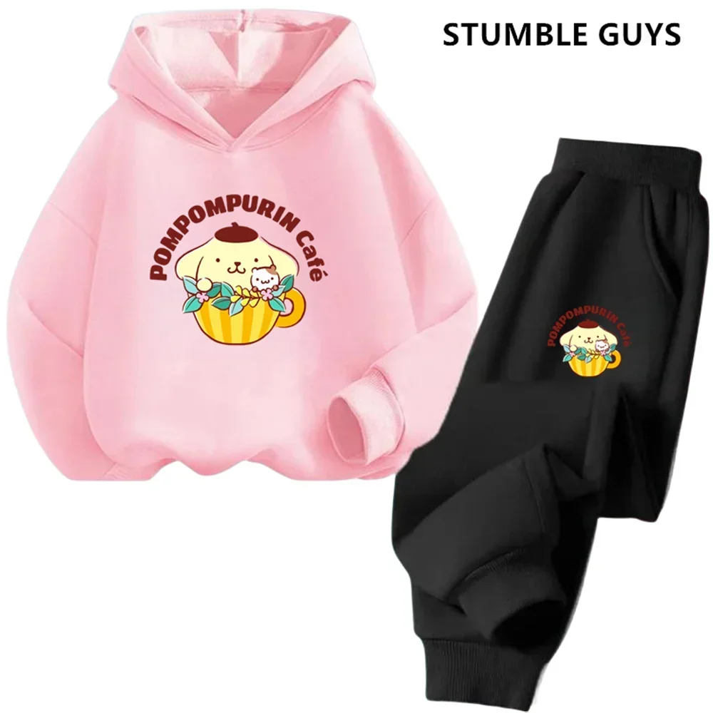 Pompompurin Trucksuit Cartoon Boys and Girls 3-14 Years Old Kawaii Street Casual Sweatshirt Children\'s Outdoor Sports Hoodie Set