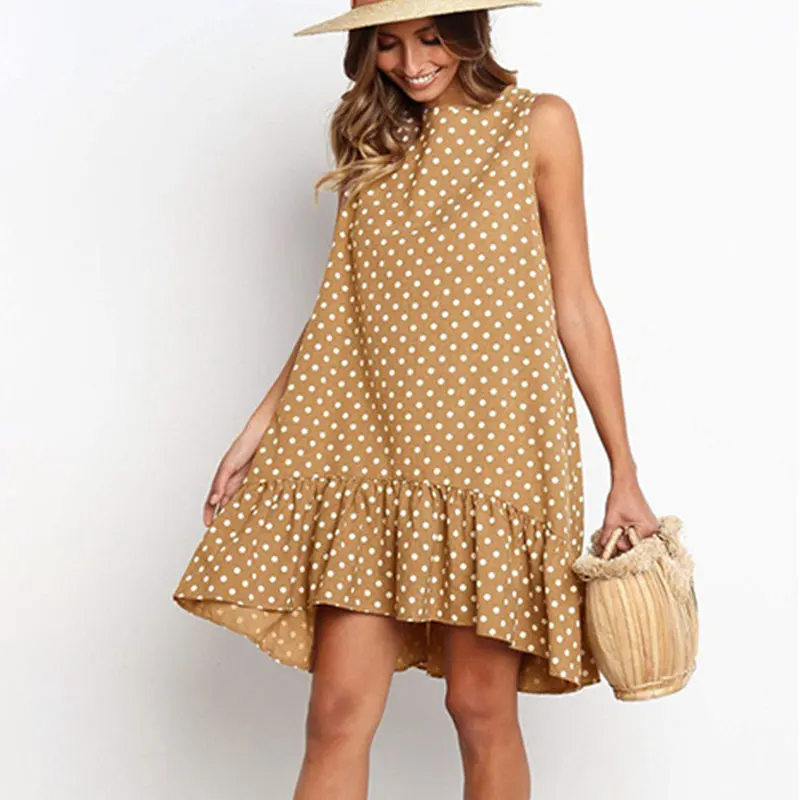 

Summer Mini Dress Sleeveless Polka Dot Dress Round Neck Hem Ruffled Dress Loose Hem Ruffled Edge Dress Women Beach Party Dress