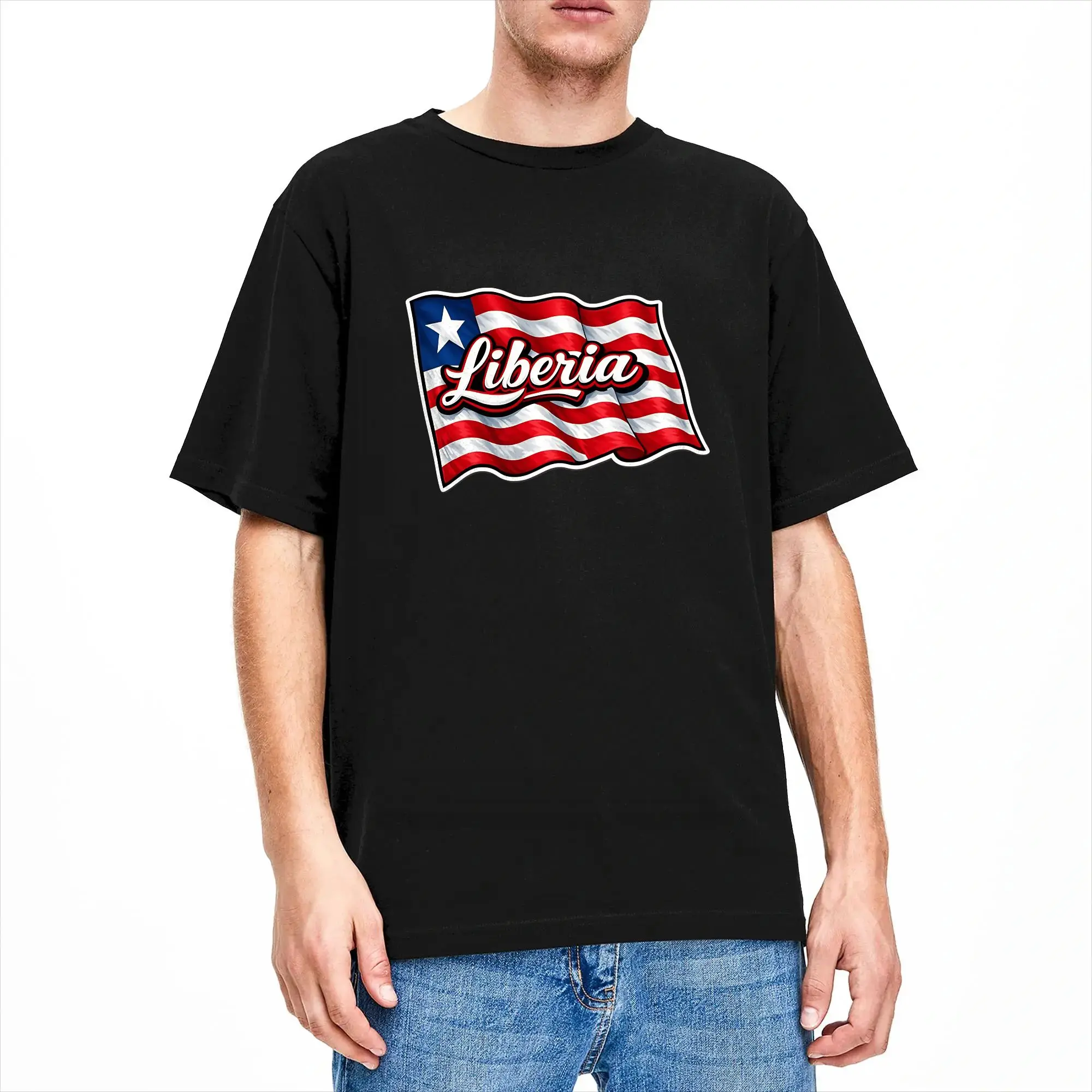 Men T-Shirt Liberia Waving Flag Vintage Fashion 100% Cotton Tee Shirt Short Sleeve  T Shirts O Neck Clothing Plus Size