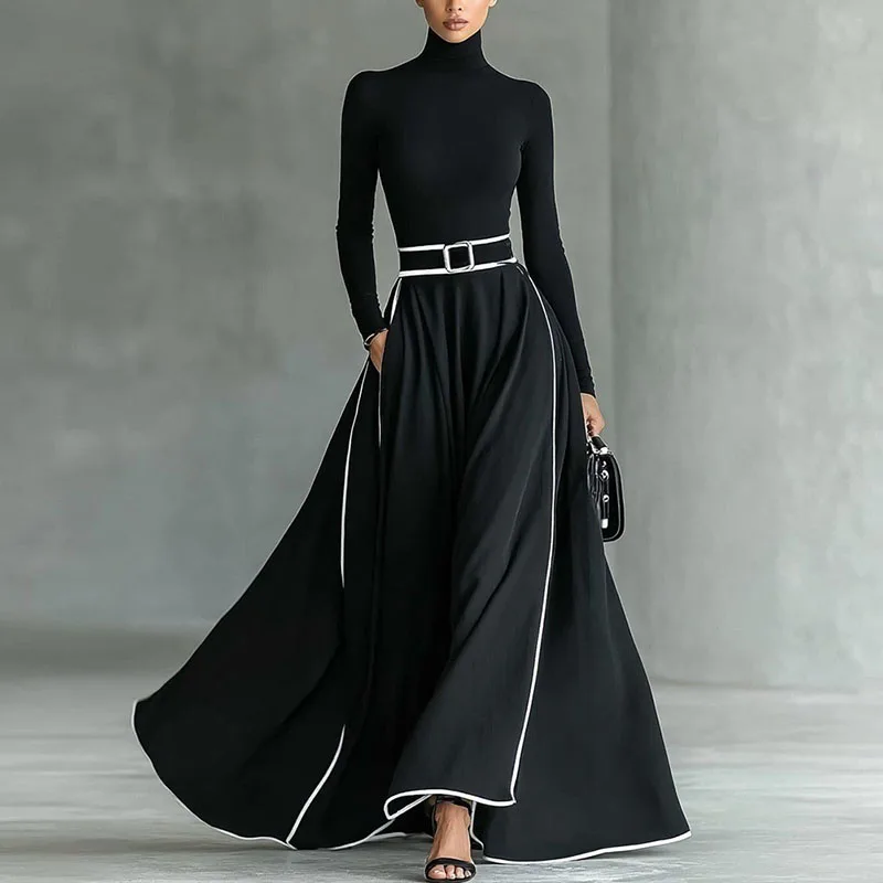 Dolcevita primaverile Abito lungo a trapezio a vita alta Donna Elegante abito da festa altalena a contrasto Abito lungo Boho con tasca a maniche lunghe autunnale