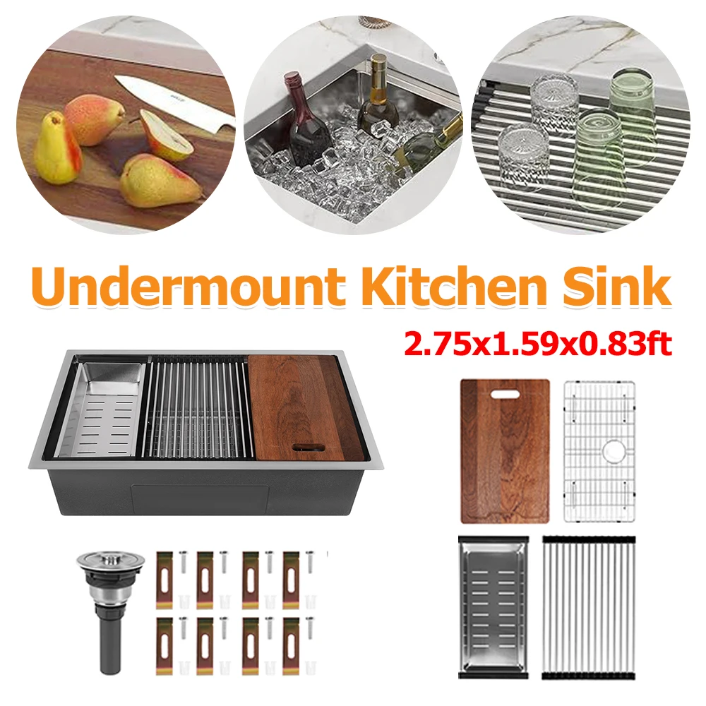 

2.75ft Built-in Kitchen Sink with Bottom Grid Basket Strainer Washing Sink 16 Gauge Undermount Kitchen Sink 304 Stainless Steel
