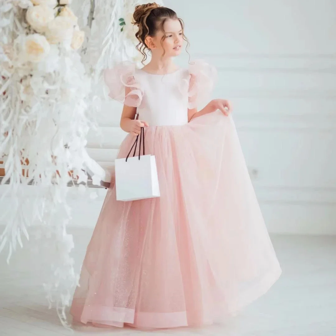 

Customized Pink Flower Girl Dress Tulle Tiered With Bow Short Sleeve For Wedding Birthday Pageant Banquet Holy Communion Gown