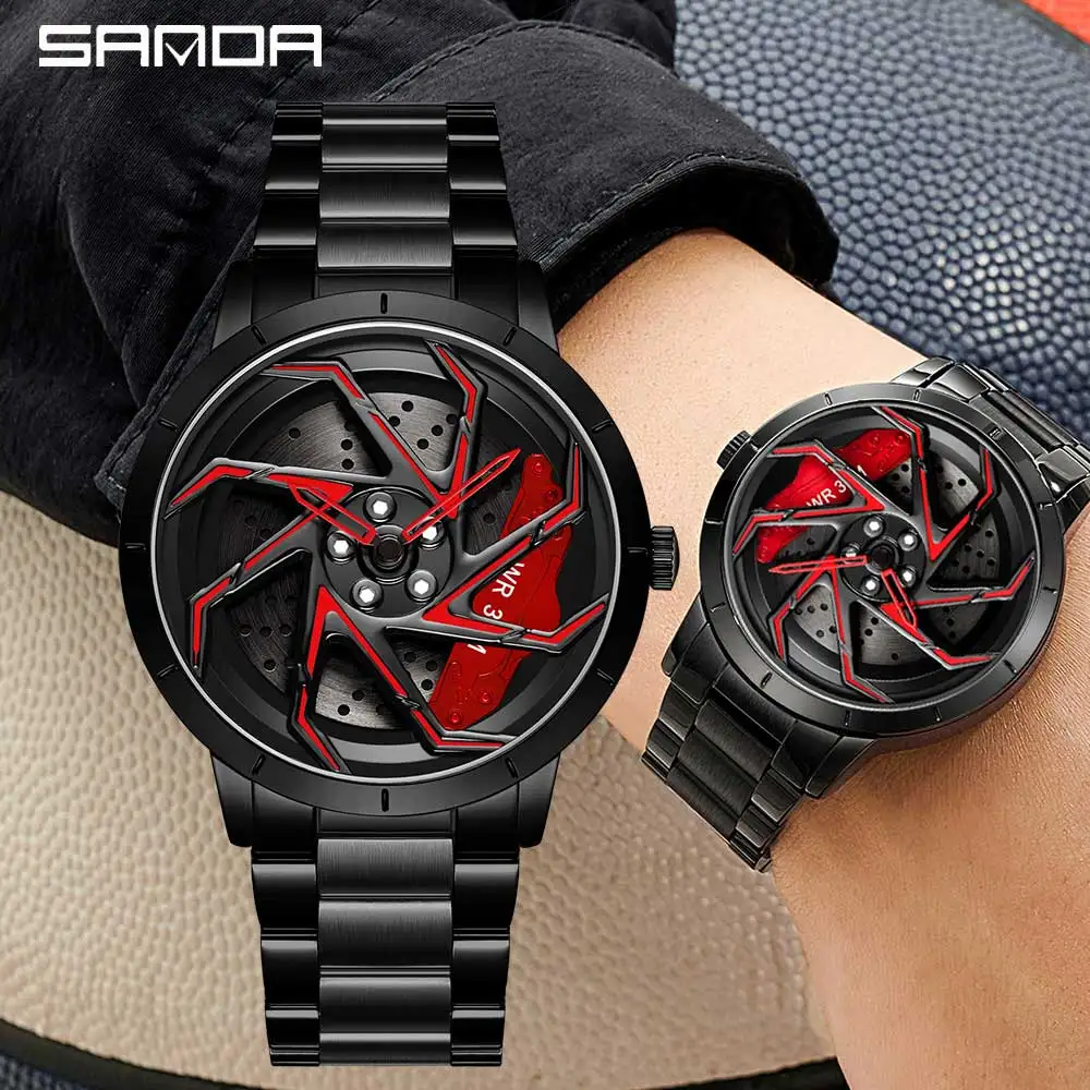 

SANDA 1088 Fashion Casual Luxury Mens Watches 3D Model 360 Rotating Car Wheel Dial 30M Waterproof Sport Quartz Men's Watches